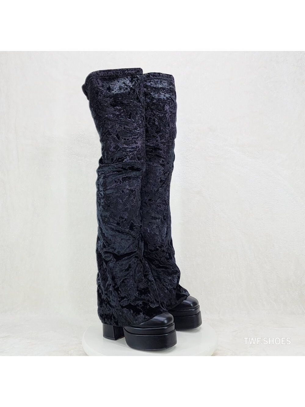 Unique Thigh High Black Velvet Fold over Skirted Chunky Heel Platform Boots - Picture 11 of 17